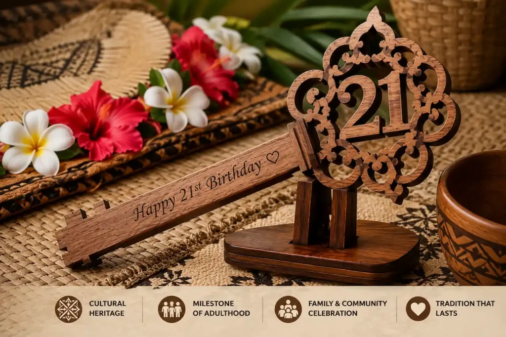 **Alt Text (under 120 characters):** Wooden 21st birthday key displayed with traditional Fijian cultural decorations celebrating a meaningful milestone.