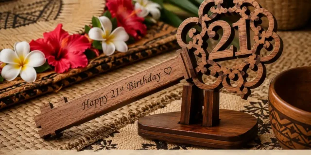 Blog 77 **Alt Text (under 120 characters):** Wooden 21st birthday key displayed with traditional Fijian cultural decorations celebrating a meaningful milestone.
