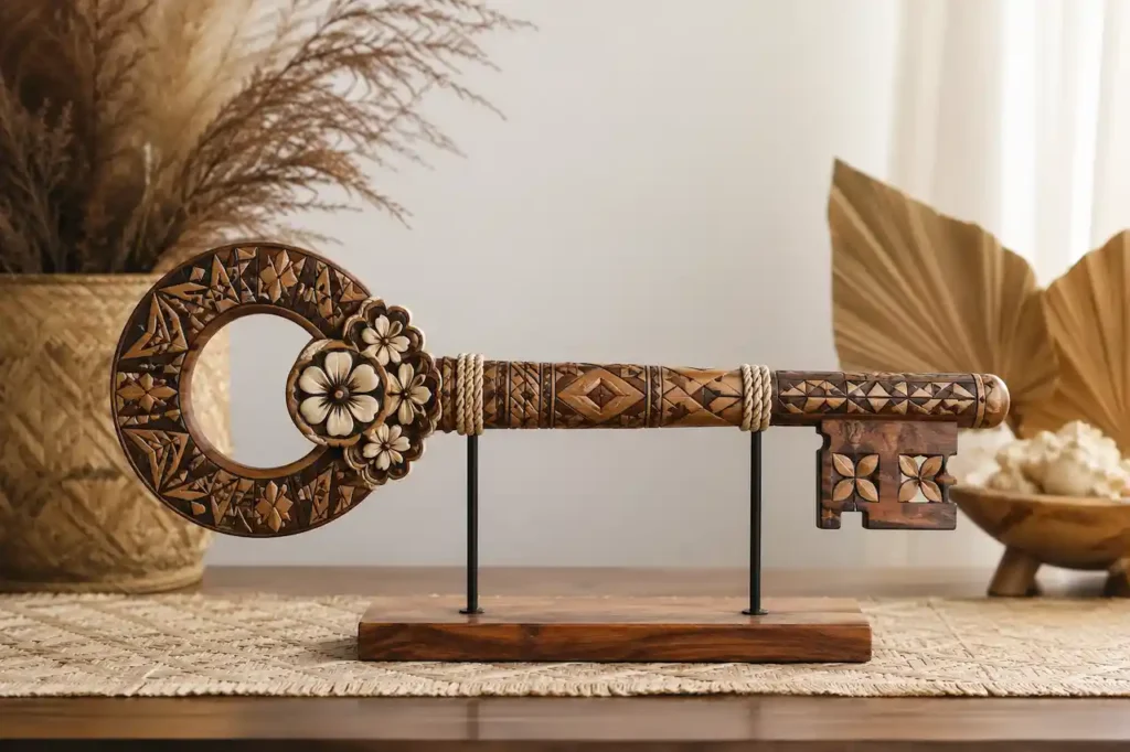 Fijian masi-inspired 21st birthday key with carved geometric patterns and traditional island styling