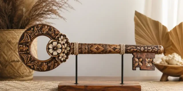 Blog 107 Fijian masi-inspired 21st birthday key with carved geometric patterns and traditional island styling