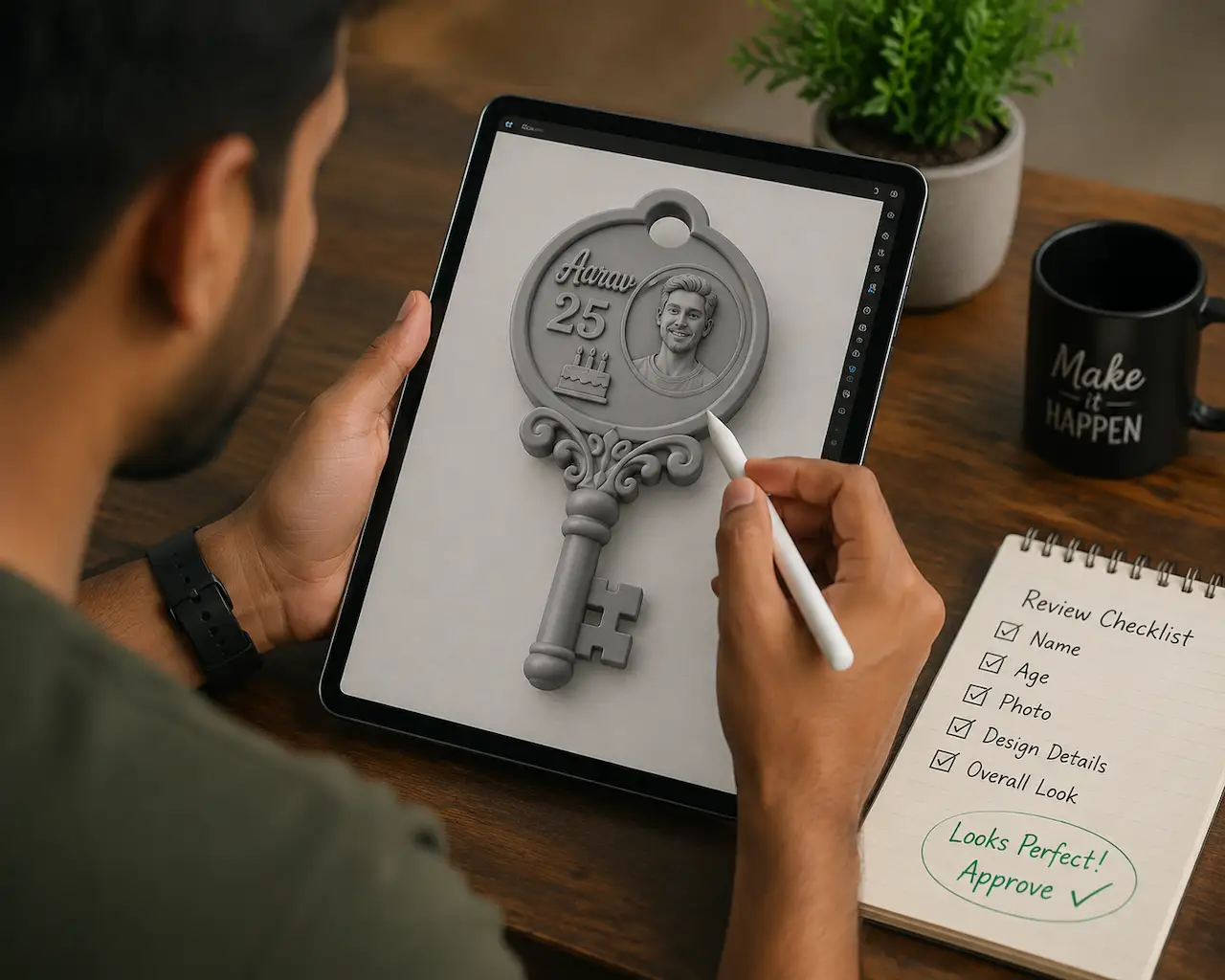 reviewing 3D rendered birthday key draft before production