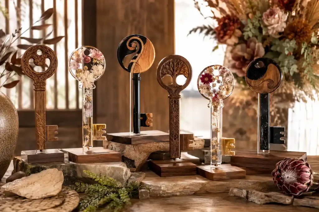 Durable 21st birthday key designs in carved wood, resin and acrylic displayed in a warm studio setting