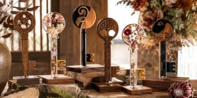 Blog 84 Durable 21st birthday key designs in carved wood, resin and acrylic displayed in a warm studio setting