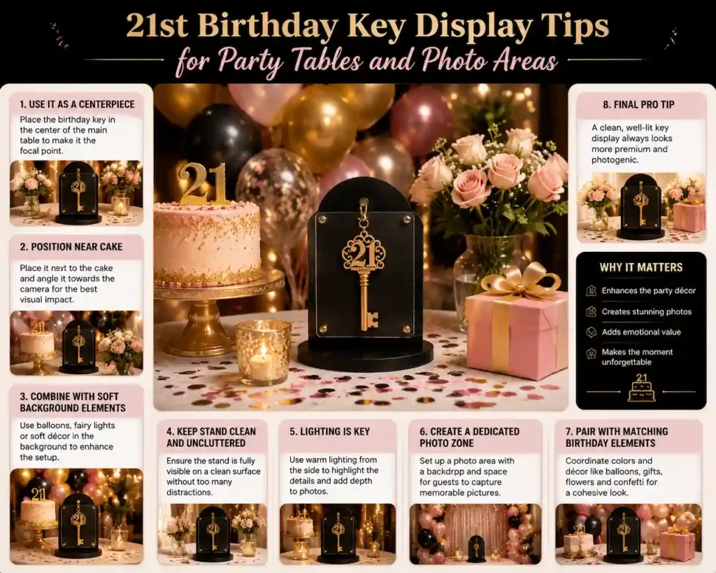21st Birthday Key Display Tips for Party Tables and Photo Areas Most birthday keys are seen for thirty seconds before they're packed away. A well-displayed birthday key is not. Positioned right, it becomes the centrepiece guests photograph all night, the backdrop people pose against, and the detail that makes the entire party feel intentional rather than thrown together. That kind of presence is not accidental. It comes from two things: where the key is placed, and what it's placed on. See our exclusive Click 'n' Connect display stands Why Display Placement Matters as Much as the Key Itself A birthday key that cost hundreds of dollars and took hours to craft can still go unnoticed if it's tucked into a corner or hidden behind decorations. Most of the value of a birthday key is visual. It needs to be seen, photographed, and admired throughout the celebration — not discovered by accident near the end of the night. Good placement turns a finished key into the moment guests remember. Poor placement turns it into a gift that sits quietly until it's time to go home. Research on focal points and guest engagement at event displays Why the Stand Matters More Than People Expect Hold a birthday key on a flimsy stand next to one secured properly and the difference becomes obvious within minutes. A cheap stand lets the key lean, slide, or tip the moment a table is bumped — which happens often at a party. A secure stand keeps the key upright, centred, and steady through hours of movement, photos, and excited family members leaning in for a closer look. For a piece designed to be the visual centrepiece of the celebration, the stand is not an afterthought. It is part of the display. [IMG-1: Birthday key secured on a Click 'n' Connect display stand at a party table — alt text: birthday key display tips stand placement What Good Display Placement Prevents There are two ways a birthday key gets displayed at a party. The first way treats it as an extra item, placed wherever there happens to be space. The second way treats it as the centrepiece, with a spot chosen before the party even starts. The difference shows up immediately. A key placed without planning ends up behind the cake, blocked by balloons, or missed entirely in photos. A key placed with intention becomes the backdrop every guest gravitates toward. That is the entire purpose of planning your display — making sure the key is seen, not just present. Browse birthday key gallery for display inspiration Where to Position Your Birthday Key Near the Cake Table The cake table already draws a crowd, so placing the key beside it means it's seen by almost every guest without needing a separate display area. At the Entrance A key positioned near the entrance becomes the first thing guests see, setting the tone for the celebration before they even reach the main room. [IMG-2: Birthday key displayed near party entrance with balloons and decorations — alt text: birthday key display tips entrance setup Behind the Photo Backdrop Placing the key within or beside a photo backdrop means every guest photo includes it, multiplying its visibility far beyond a single display spot. On a Dedicated Gift Table A key surrounded by cards and gifts becomes a natural focal point, especially when raised slightly above the surrounding items. Lighting Position the key where it catches natural or string lighting. Gold, black, and metallic finishes respond strongly to light, and a poorly lit corner can flatten even the best design. Guide to lighting techniques for event displays Matching the Display to the Party Theme A birthday key that matches the party's colour scheme looks intentional rather than separate from the celebration around it. If the party uses gold and black, a key in those same tones blends naturally into the table setting. If the theme leans pastel or tropical, a key designed in complementary colours feels coordinated rather than mismatched. This is one of the simplest ways to elevate a display — choosing a spot and a surrounding setup that makes the key look like it belongs, not like it was added last minute. Explore custom colour options for your birthday key Setting Up the Display on the Day Set up the display before guests arrive, not while the party is already underway. This gives time to check the stand is secure, the lighting works, and the key is visible from the main areas of the room. Test how the key looks in photos before the party starts. A quick phone photo from a few angles shows whether the lighting and placement work the way you expect. Once guests arrive, the display should need no further adjustment — leaving the host free to enjoy the celebration rather than managing the table. [IMG-3: Final birthday key display setup ready before guests arrive — alt text: birthday key display tips party setup] Common Mistakes People Make When Displaying a Birthday Key Using a stand not designed for the key. A generic or mismatched stand increases the risk of the key sliding, tipping, or falling during the party. Placing the key somewhere too low. A display below table height gets lost behind plates, cups, and decorations. Blocking the key with other decorations. Balloons, flowers, and signage placed in front of the key reduce its visibility instead of enhancing it. Ignoring lighting until after setup. Checking lighting only once guests arrive leaves no time to adjust before the party is underway. Forgetting to plan a photo angle. A key with no clear photo spot gets fewer photos taken, even when the display itself looks good. FAQ What is the best stand for displaying a birthday key? A stand designed specifically for the key, such as our Click 'n' Connect system, keeps the key secured and centred throughout the party, reducing the risk of it falling or sliding. Where should I place my birthday key at the party? Near the cake table, at the entrance, or beside a photo backdrop are the most effective spots, since these areas naturally draw the most guest attention. Does the display need to match the party theme? It doesn't have to, but a display that matches the party's colours and decorations looks more intentional and photographs better. How early should I set up the birthday key display? Set it up before guests arrive so there's time to check the stand, lighting, and visibility without rushing during the celebration. Can the key be displayed outdoors? Yes, as long as it's positioned away from direct prolonged sun and rain, with a stable surface and stand to prevent it from tipping in wind. A Display That Makes the Key the Centrepiece It Deserves to Be A birthday key represents hours of craftsmanship and a story specific to one person. Hidden in a corner, none of that gets seen. The right stand, the right spot, and a few minutes of planning before guests arrive are what turn a finished key into the centrepiece of the celebration — the detail every photo includes and every guest remembers. See our exclusive Click 'n' Connect stands and start planning your display