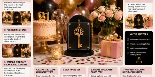 21st Birthday Key Display Tips for Party Tables and Photo Areas Most birthday keys are seen for thirty seconds before they're packed away. A well-displayed birthday key is not. Positioned right, it becomes the centrepiece guests photograph all night, the backdrop people pose against, and the detail that makes the entire party feel intentional rather than thrown together. That kind of presence is not accidental. It comes from two things: where the key is placed, and what it's placed on. See our exclusive Click 'n' Connect display stands Why Display Placement Matters as Much as the Key Itself A birthday key that cost hundreds of dollars and took hours to craft can still go unnoticed if it's tucked into a corner or hidden behind decorations. Most of the value of a birthday key is visual. It needs to be seen, photographed, and admired throughout the celebration — not discovered by accident near the end of the night. Good placement turns a finished key into the moment guests remember. Poor placement turns it into a gift that sits quietly until it's time to go home. Research on focal points and guest engagement at event displays Why the Stand Matters More Than People Expect Hold a birthday key on a flimsy stand next to one secured properly and the difference becomes obvious within minutes. A cheap stand lets the key lean, slide, or tip the moment a table is bumped — which happens often at a party. A secure stand keeps the key upright, centred, and steady through hours of movement, photos, and excited family members leaning in for a closer look. For a piece designed to be the visual centrepiece of the celebration, the stand is not an afterthought. It is part of the display. [IMG-1: Birthday key secured on a Click 'n' Connect display stand at a party table — alt text: birthday key display tips stand placement What Good Display Placement Prevents There are two ways a birthday key gets displayed at a party. The first way treats it as an extra item, placed wherever there happens to be space. The second way treats it as the centrepiece, with a spot chosen before the party even starts. The difference shows up immediately. A key placed without planning ends up behind the cake, blocked by balloons, or missed entirely in photos. A key placed with intention becomes the backdrop every guest gravitates toward. That is the entire purpose of planning your display — making sure the key is seen, not just present. Browse birthday key gallery for display inspiration Where to Position Your Birthday Key Near the Cake Table The cake table already draws a crowd, so placing the key beside it means it's seen by almost every guest without needing a separate display area. At the Entrance A key positioned near the entrance becomes the first thing guests see, setting the tone for the celebration before they even reach the main room. [IMG-2: Birthday key displayed near party entrance with balloons and decorations — alt text: birthday key display tips entrance setup Behind the Photo Backdrop Placing the key within or beside a photo backdrop means every guest photo includes it, multiplying its visibility far beyond a single display spot. On a Dedicated Gift Table A key surrounded by cards and gifts becomes a natural focal point, especially when raised slightly above the surrounding items. Lighting Position the key where it catches natural or string lighting. Gold, black, and metallic finishes respond strongly to light, and a poorly lit corner can flatten even the best design. Guide to lighting techniques for event displays Matching the Display to the Party Theme A birthday key that matches the party's colour scheme looks intentional rather than separate from the celebration around it. If the party uses gold and black, a key in those same tones blends naturally into the table setting. If the theme leans pastel or tropical, a key designed in complementary colours feels coordinated rather than mismatched. This is one of the simplest ways to elevate a display — choosing a spot and a surrounding setup that makes the key look like it belongs, not like it was added last minute. Explore custom colour options for your birthday key Setting Up the Display on the Day Set up the display before guests arrive, not while the party is already underway. This gives time to check the stand is secure, the lighting works, and the key is visible from the main areas of the room. Test how the key looks in photos before the party starts. A quick phone photo from a few angles shows whether the lighting and placement work the way you expect. Once guests arrive, the display should need no further adjustment — leaving the host free to enjoy the celebration rather than managing the table. [IMG-3: Final birthday key display setup ready before guests arrive — alt text: birthday key display tips party setup] Common Mistakes People Make When Displaying a Birthday Key Using a stand not designed for the key. A generic or mismatched stand increases the risk of the key sliding, tipping, or falling during the party. Placing the key somewhere too low. A display below table height gets lost behind plates, cups, and decorations. Blocking the key with other decorations. Balloons, flowers, and signage placed in front of the key reduce its visibility instead of enhancing it. Ignoring lighting until after setup. Checking lighting only once guests arrive leaves no time to adjust before the party is underway. Forgetting to plan a photo angle. A key with no clear photo spot gets fewer photos taken, even when the display itself looks good. FAQ What is the best stand for displaying a birthday key? A stand designed specifically for the key, such as our Click 'n' Connect system, keeps the key secured and centred throughout the party, reducing the risk of it falling or sliding. Where should I place my birthday key at the party? Near the cake table, at the entrance, or beside a photo backdrop are the most effective spots, since these areas naturally draw the most guest attention. Does the display need to match the party theme? It doesn't have to, but a display that matches the party's colours and decorations looks more intentional and photographs better. How early should I set up the birthday key display? Set it up before guests arrive so there's time to check the stand, lighting, and visibility without rushing during the celebration. Can the key be displayed outdoors? Yes, as long as it's positioned away from direct prolonged sun and rain, with a stable surface and stand to prevent it from tipping in wind. A Display That Makes the Key the Centrepiece It Deserves to Be A birthday key represents hours of craftsmanship and a story specific to one person. Hidden in a corner, none of that gets seen. The right stand, the right spot, and a few minutes of planning before guests arrive are what turn a finished key into the centrepiece of the celebration — the detail every photo includes and every guest remembers. See our exclusive Click 'n' Connect stands and start planning your display