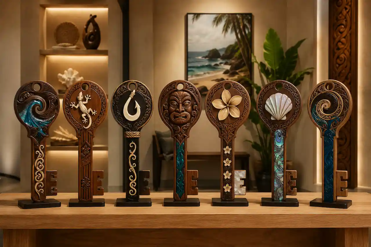 Handcrafted 21st birthday keys featuring tiki, gecko, hook, floral, shell and wave totem designs