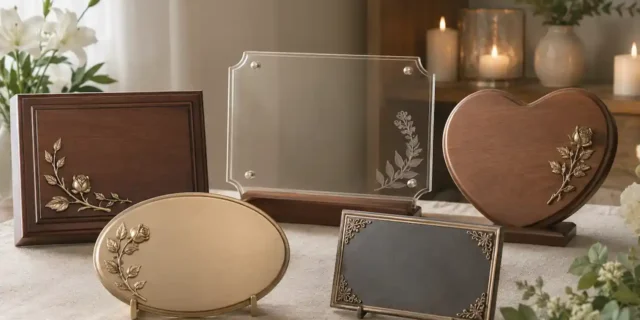 Blog 101 Selection of timber, acrylic and metal memorial plaques displayed with flowers and candles