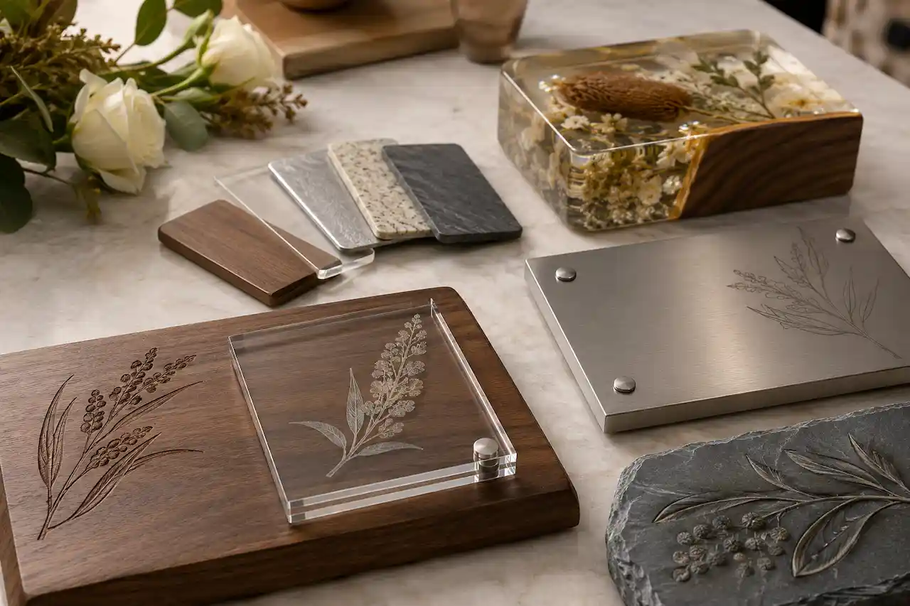Timber, acrylic, metal, stone and resin memorial plaque materials with engraved botanical details